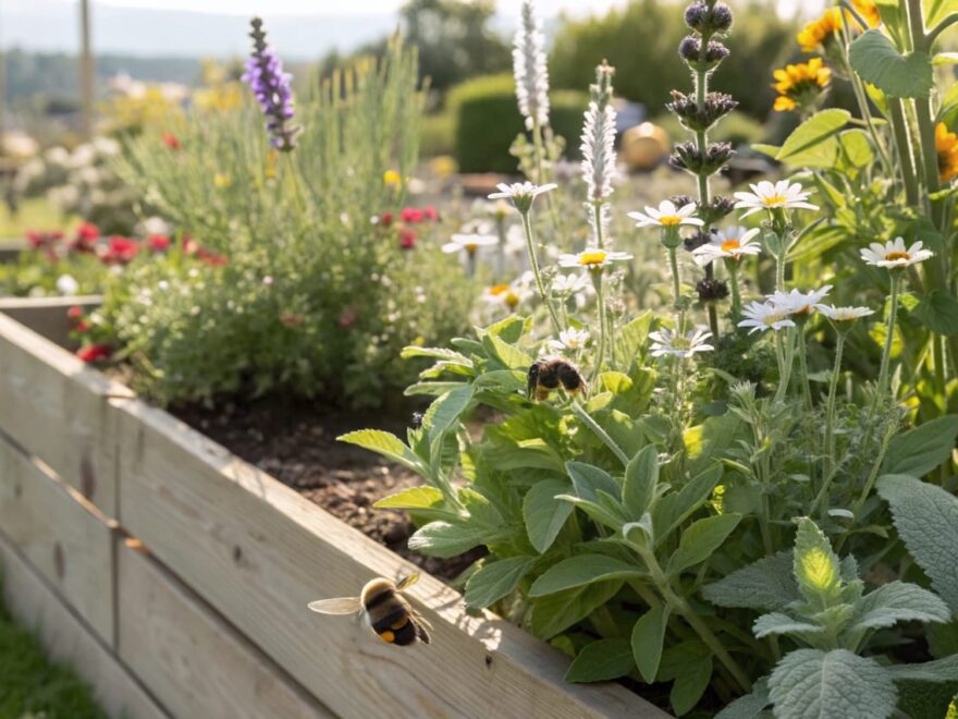 Heilkräuter im Garten: Thymian, Salbei und Kamille in sonnigem Kräuterbeet