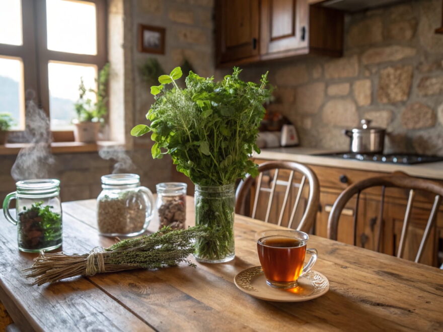 Vorteile von Kräutertees selber machen: Frische und getrocknete Kräuter mit Teetasse auf einem Holztisch in natürlichem Licht