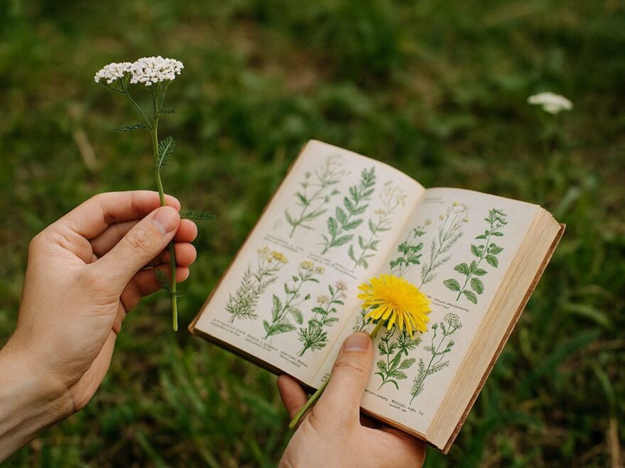 Wildkräuter bestimmen mit Bestimmungsbuch und frischen Pflanzen in der Hand