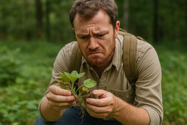 Häufige Fehler beim Bestimmen von Wildkräutern vermeiden Mann betrachtet unsicher Wildpflanzen im Wald und versucht sie zu bestimmen