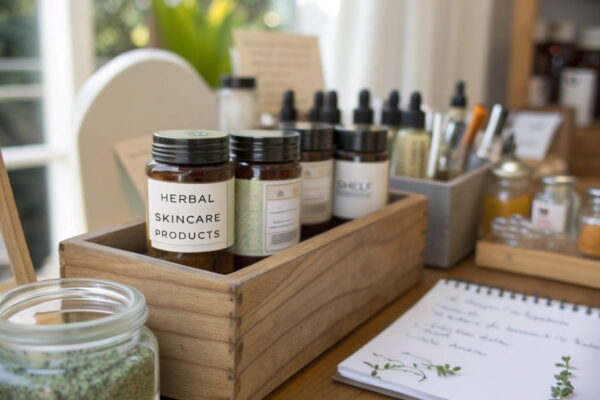 Haltbare Naturkosmetik mit Kräutern richtig aufbewahren und kennzeichnen Selbstgemachte Naturkosmetik mit Kräutern sauber gelagert in Gläsern und Fläschchen
