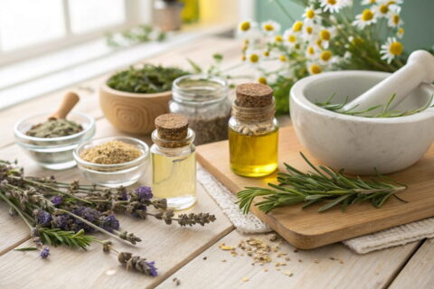 Natürliche Zutaten und Kräuter für Naturkosmetik mit Kräutern auf einem Holztisch