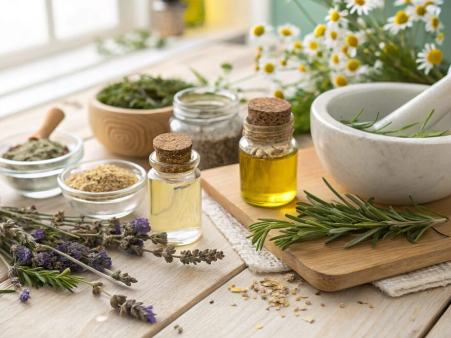 Natürliche Zutaten und Kräuter für Naturkosmetik mit Kräutern auf einem Holztisch