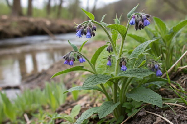 Beinwell-Pflanze mit violetten Blüten an einem Bachufer Beinwell Salbe wird aus der Wurzel der Beinwell-Pflanze gewonnen