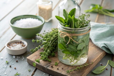 Kräuter fermentieren in einem Glas mit Salzlake auf Holztisch