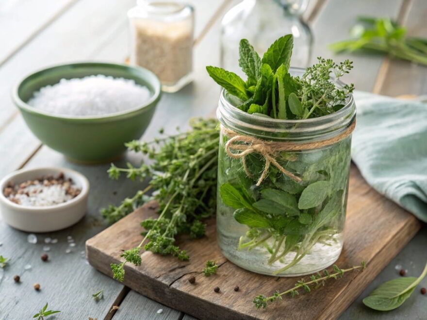 Kräuter fermentieren in einem Glas mit Salzlake auf Holztisch