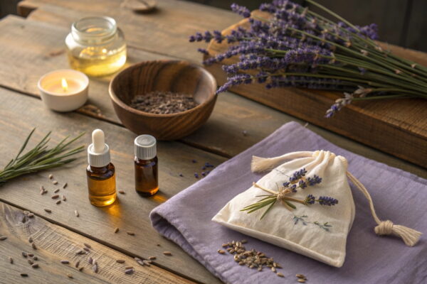 DIY Lavendel-Rezepte für deine Abendroutine Verschiedene Zutaten und selbstgemachte Produkte für DIY-Lavendel-Rezepte für einen besseren Schlaf.