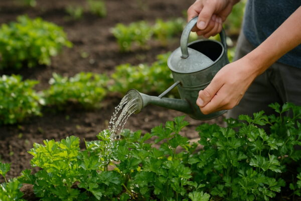 Gärtner gießt frische Petersilie im Garten zur optimalen Pflege