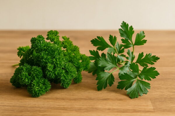 Frische Petersilie – glatte und krause Sorten im Vergleich auf Holztisch