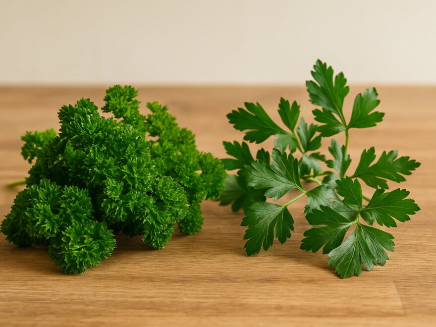 Frische Petersilie – glatte und krause Sorten im Vergleich auf Holztisch