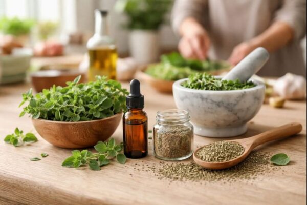 Oregano als natürliches Antibiotikum mit frischen und getrockneten Blättern in der Küche