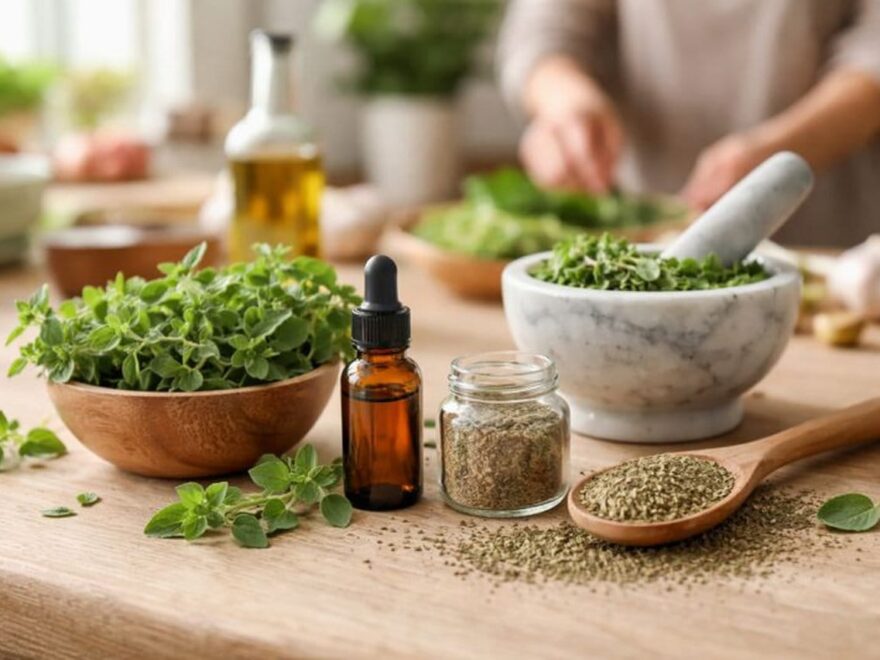 Oregano als natürliches Antibiotikum mit frischen und getrockneten Blättern in der Küche